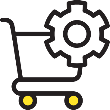 Icon of a shopping cart with a gear icon on it